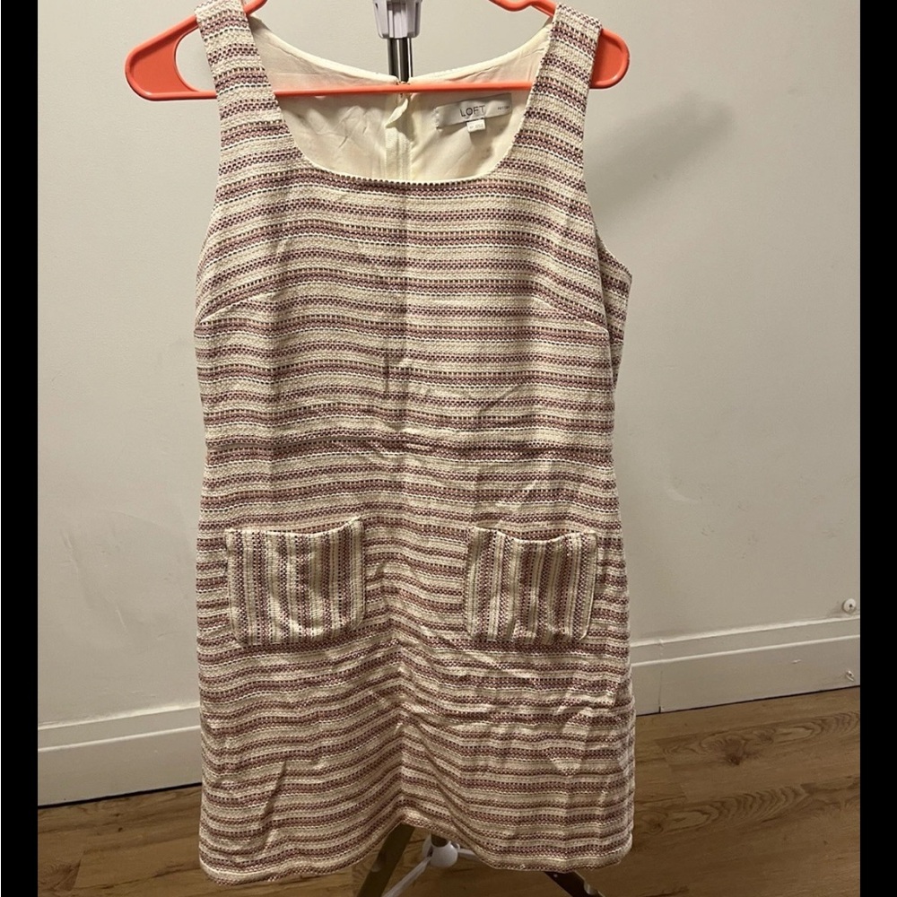 NWOT LOFT Tweed Dress Pink and White Stripes size 8P POCKETS